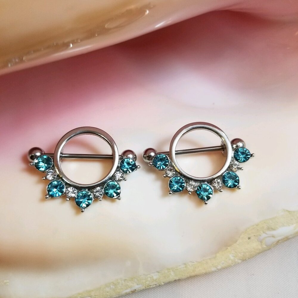 14G Surgical Steel Blueand Clear Half Circle CZ Gem Nipple Shield piercing jewel